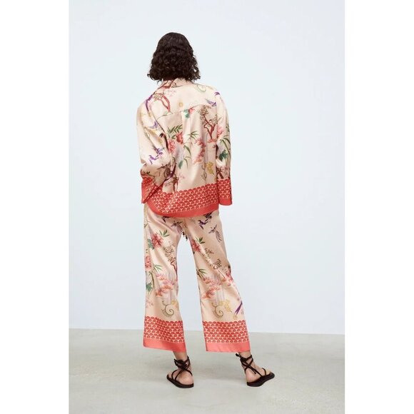 NWOT Zara champagne and coral floral, nature printed PJ inspired blouse, L - Picture 5 of 13